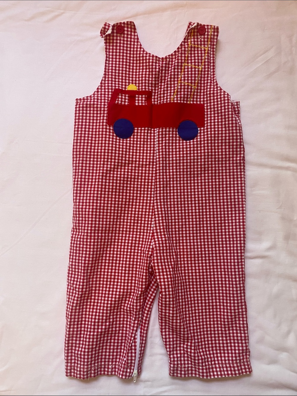 Funtasia! Too Red Gingham Fire Truck Boys Romper